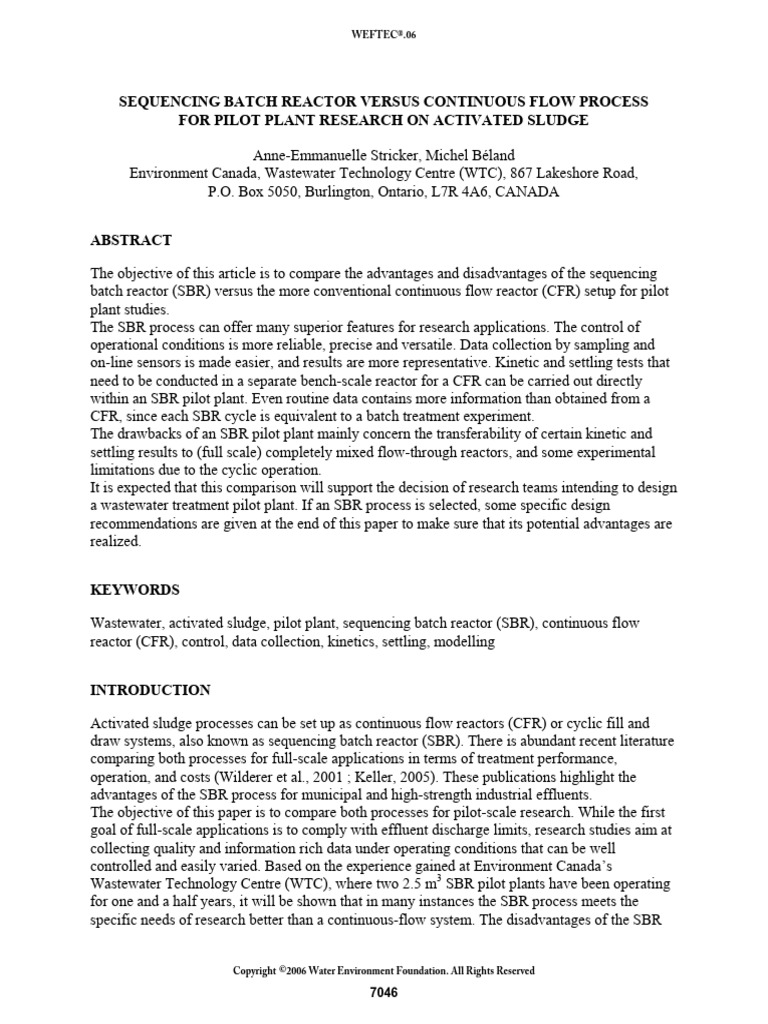 Sequencing batch reactor versus continuous flow process for pilot plant