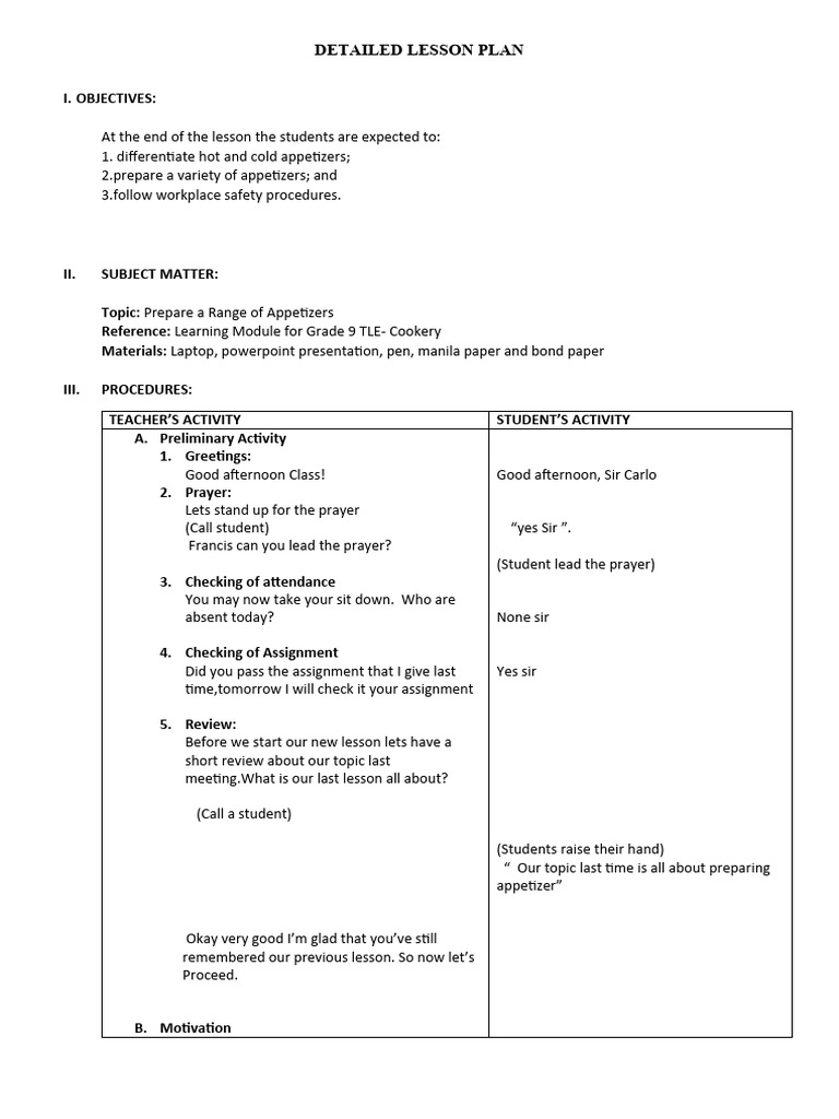 Detailed Lesson Plan PDF Hors D'oeuvre Foods