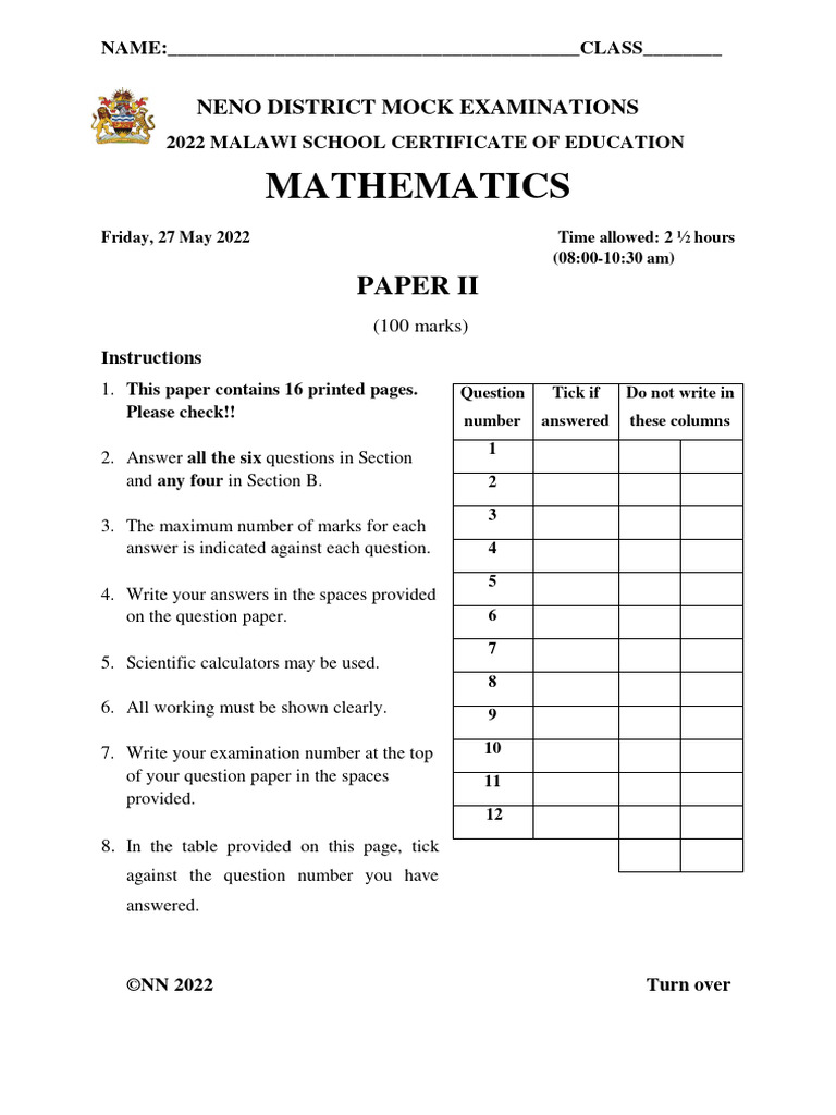 Final Mathematics Paper II Neno District Mock | PDF | Circle ...