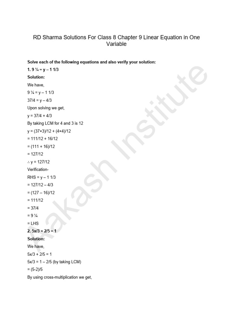 RD Sharma Solutions For Class 8 Chapter 9 Linear Equation in One ...