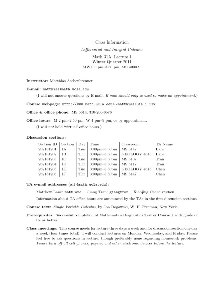 Math 31A: Calculus Class Details | PDF | Derivative | Mathematical Analysis