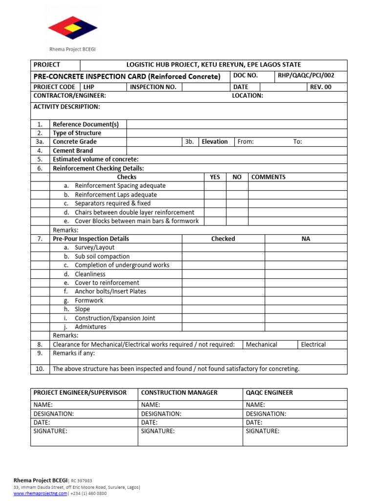 Pre-Concrete Inspection Card for Logistics Hub | PDF | Concrete ...