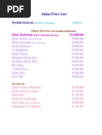 Salon Price List