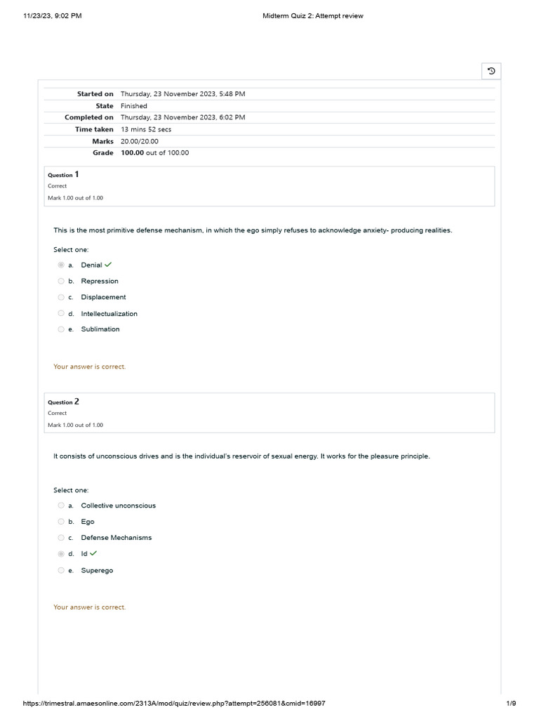 Midterm Quiz 2 - Psychology 100% | PDF | Id | Unconscious Mind