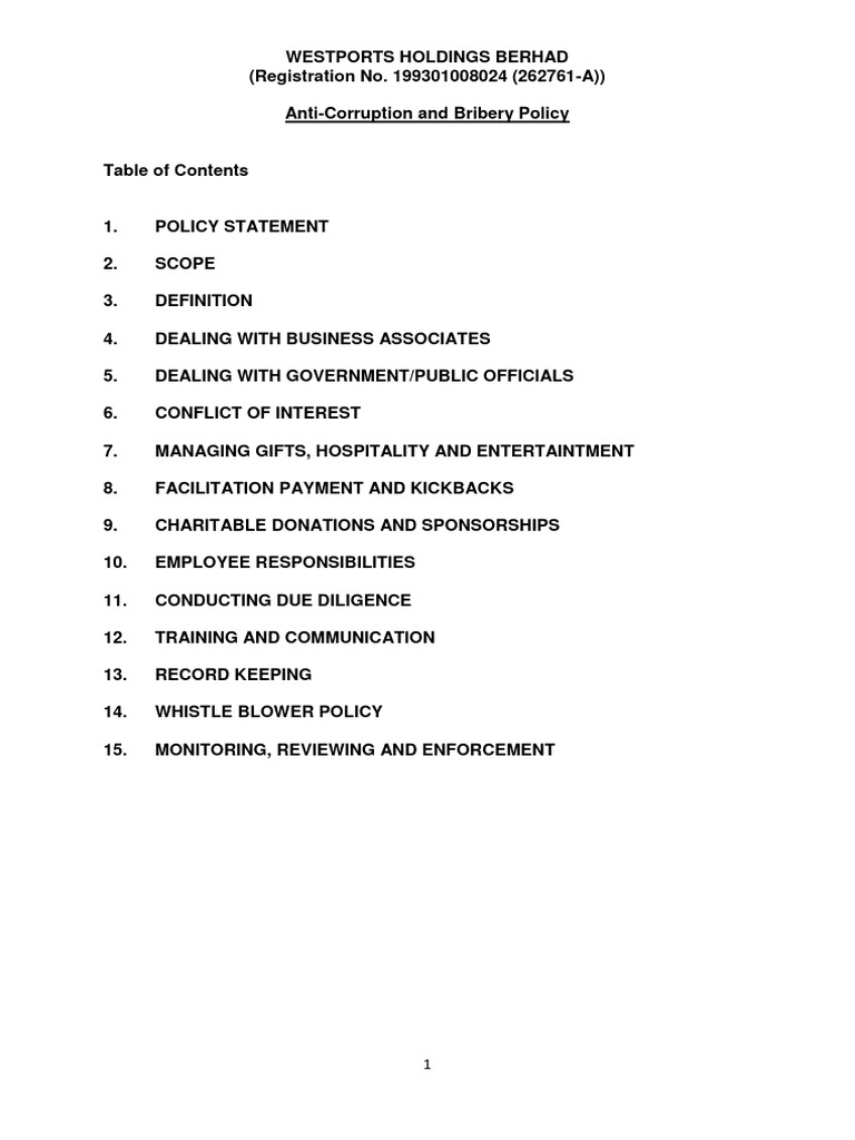 Westports Anti Corruption and Bribery Policy | PDF | Bribery ...