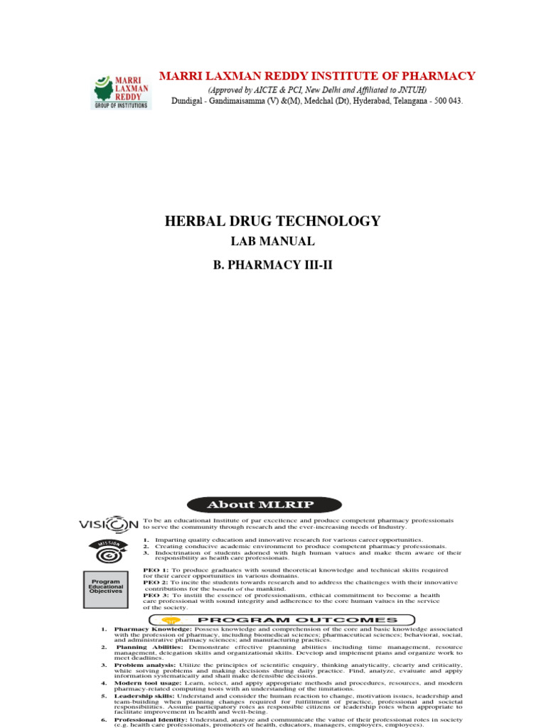 Herbal Drug Technology Lab Manual 1 PDF Tablet (Pharmacy) Materials