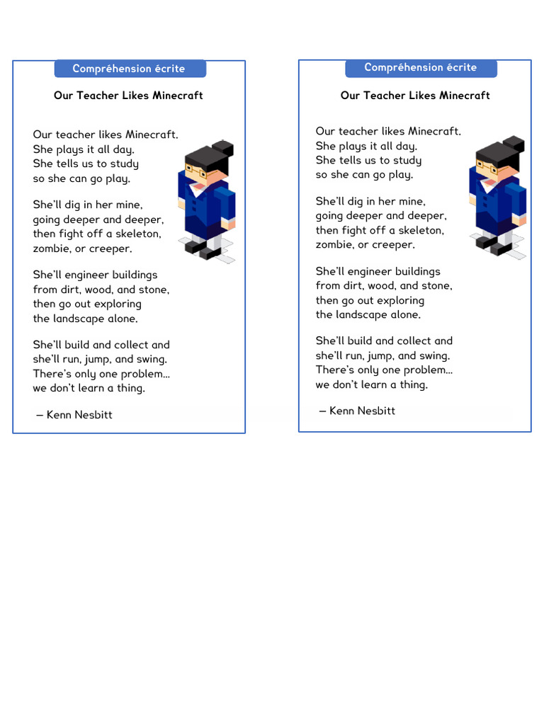 Our Teacher's Minecraft Poem | PDF | Language Arts & Discipline