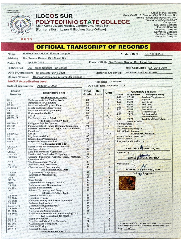 College - Official Transcript of Records | PDF