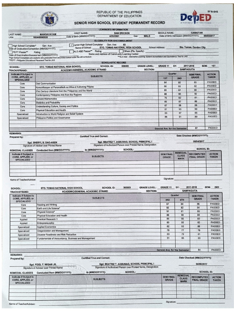 Senior High School - Official Transcript of Records | PDF