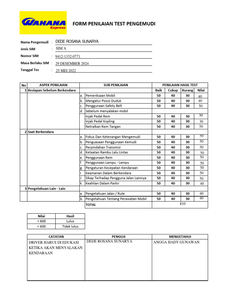 Form Penilaian Tes SIM A 2022 | PDF