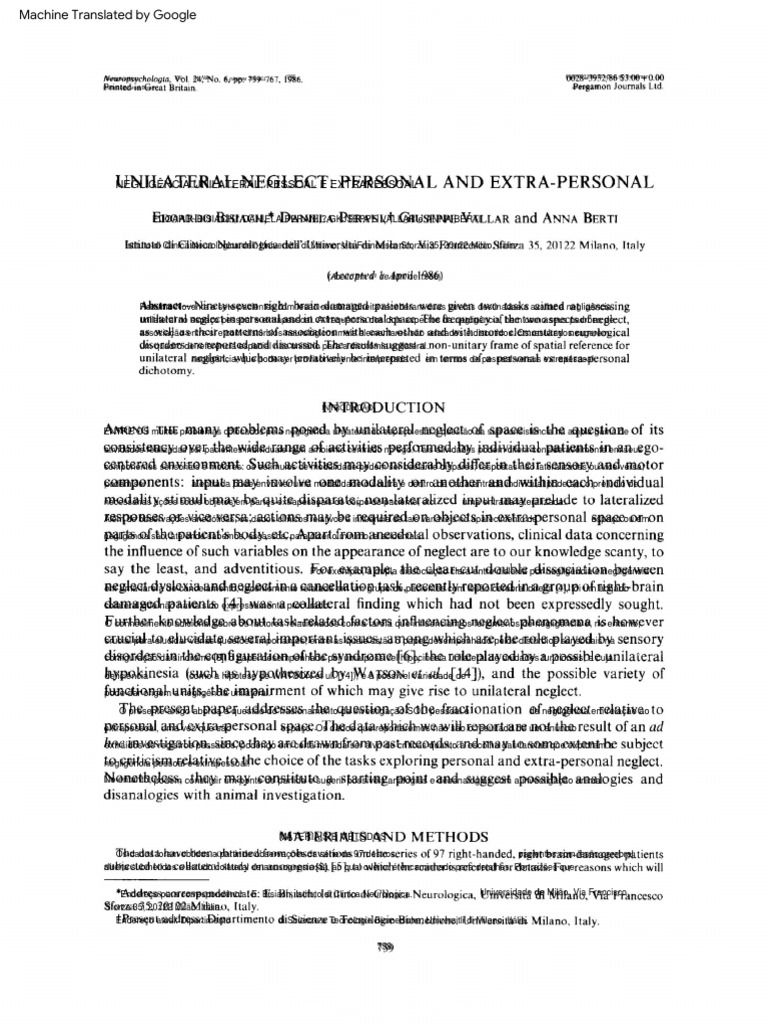 Negligência Unilateral: Pessoal e Extrapessoal | PDF | Cérebro ...