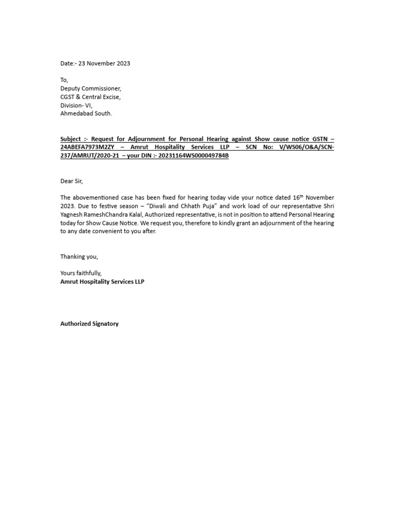 Adjournment Letter PDF