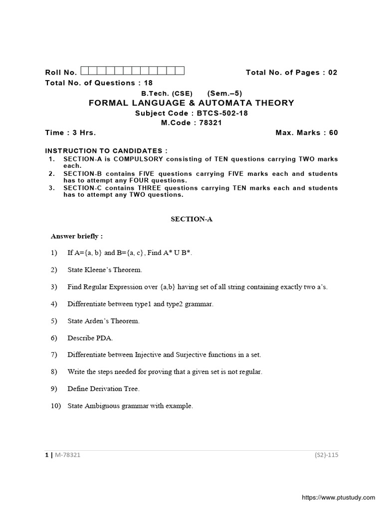 Btech cse 5 sem formal language and automata theory 78321 jan 2021