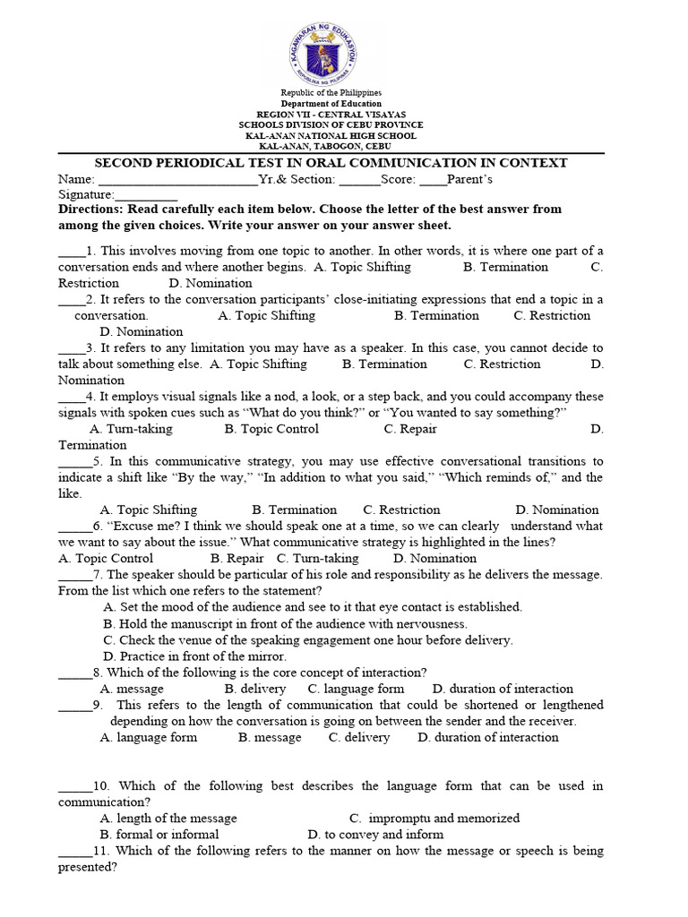 2ND Periodical Test in Oral Communication 2023 For Loren PDF