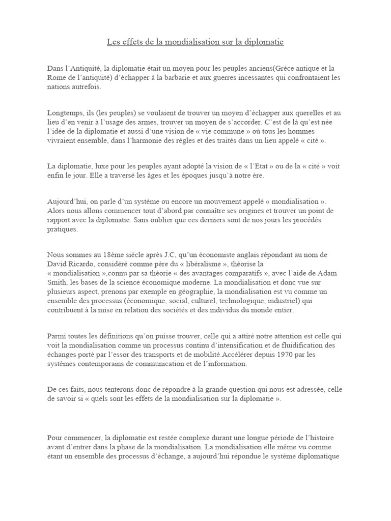 Impact de la mondialisation sur la diplomatie | PDF | Globalisation | État