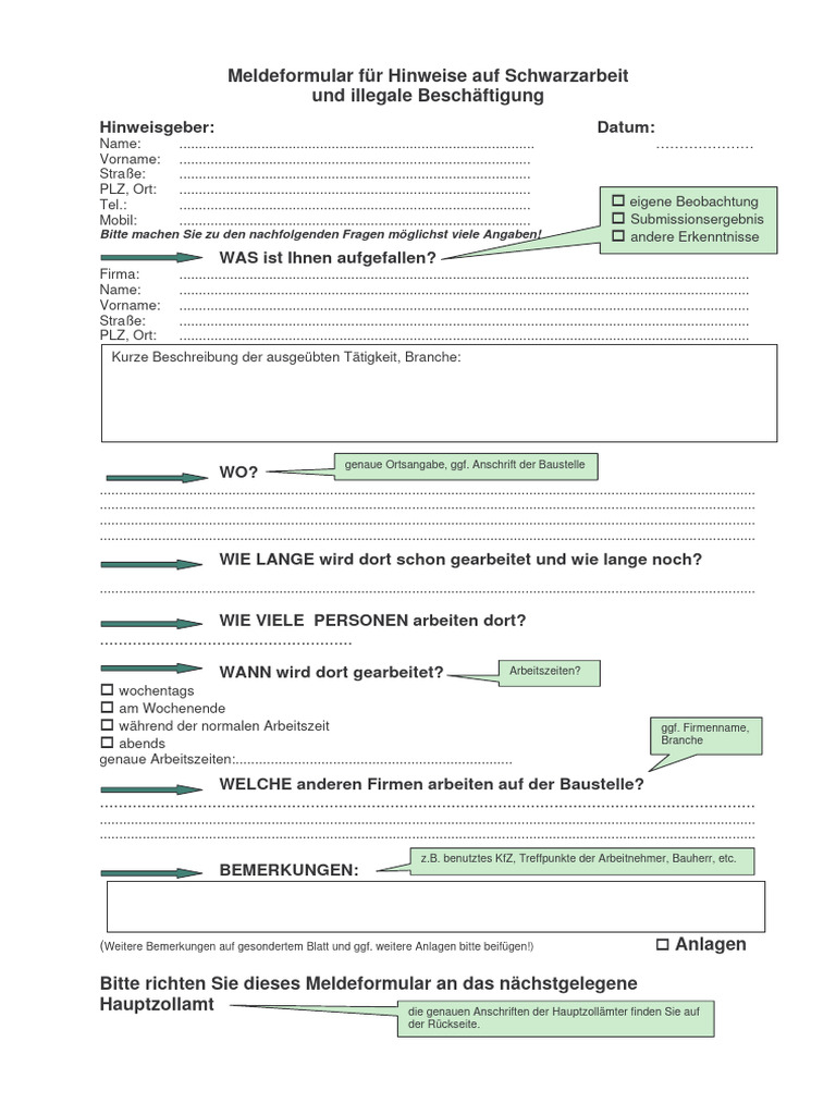 Meldeformular Schwarzarbeit Hauptzollamt | PDF