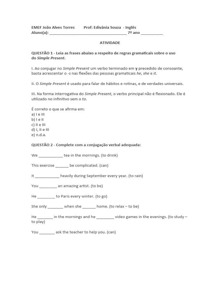 Atividades sobre Simple Present 7º Ano | PDF