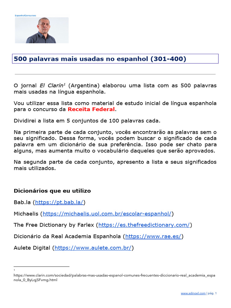 500 Palavras Mais Usadas No Espanhol 301 400 Pdf