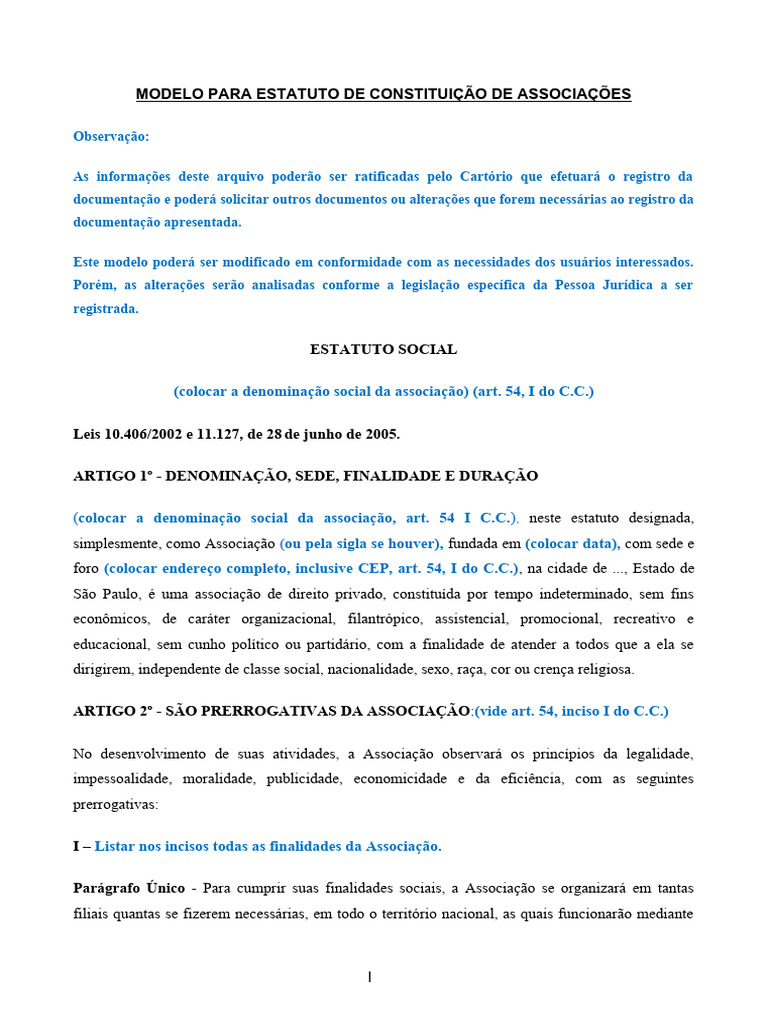 Modelo de Estatuto Social Constituição Associação - 02 - 06 - 22 ...