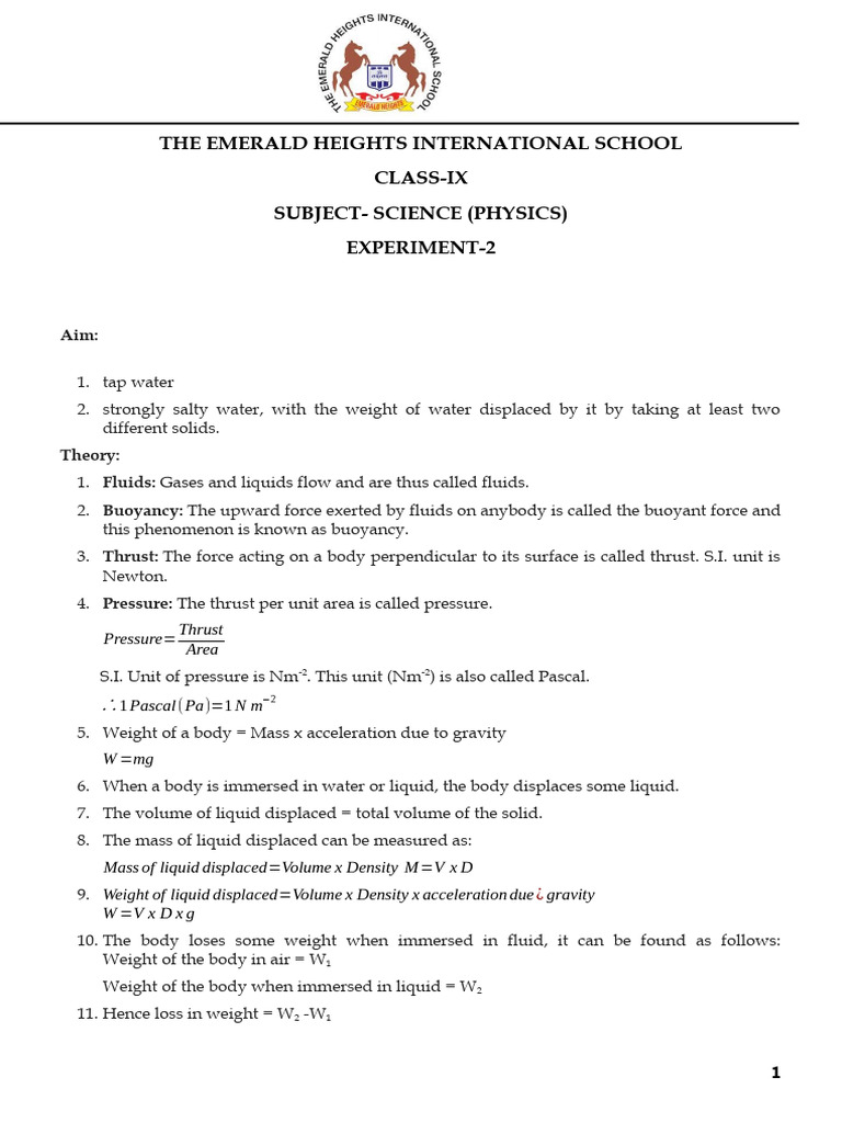 ClassIXPractical2Loss in Weight PDF Buoyancy Pressure