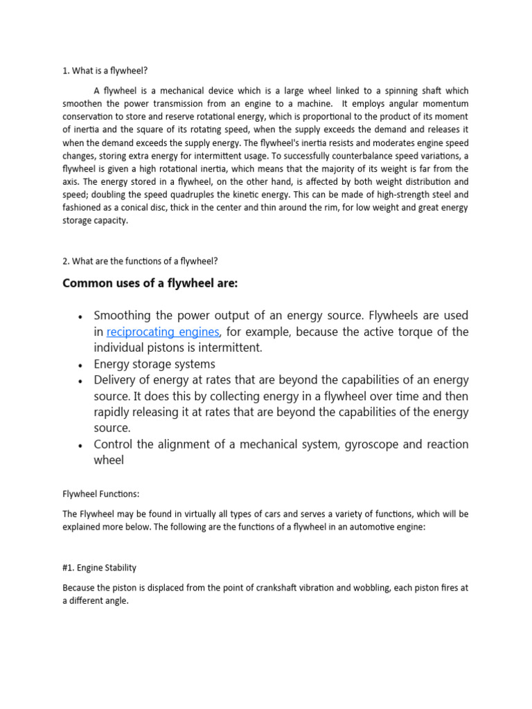 Common Uses of A Flywheel Are Reciprocating Engines PDF Engines