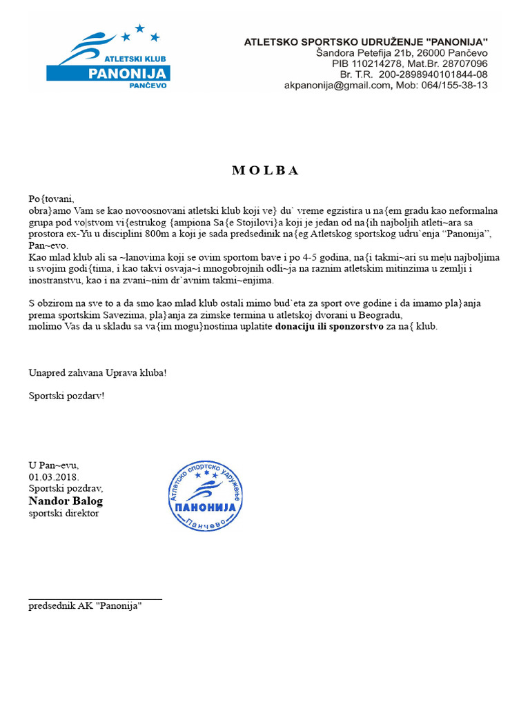 000 Molba Sponzorstvo Nandi | PDF