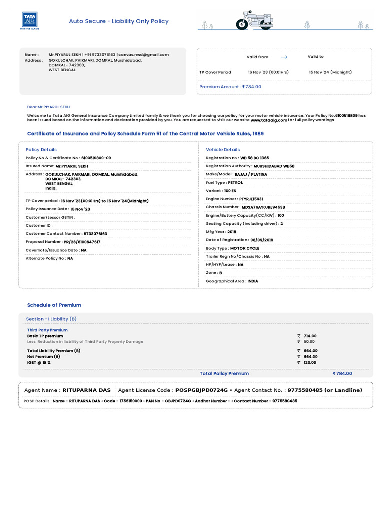 Tata AIG Motor Policy Schedule - 3187 - 6100519809-00 | PDF | Insurance ...