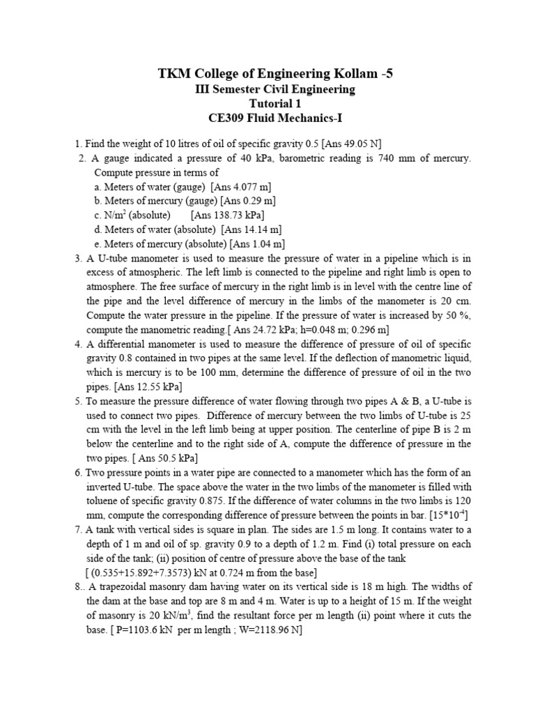 Tutorial 1 Pdf Pressure Measurement Pressure