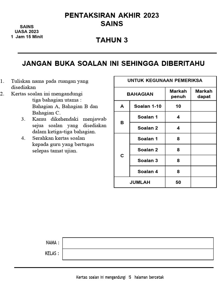 Model Uasa Tahun 3 2023 Pdf