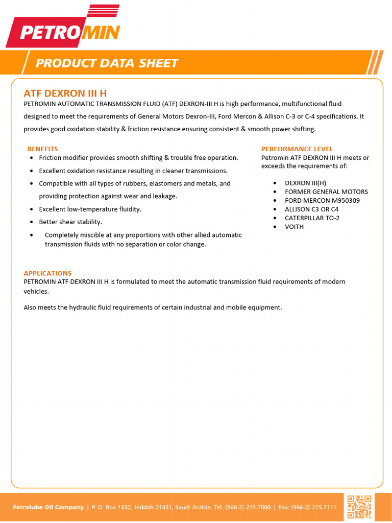 Petromin ATF Dexron III H Overview | PDF | Chemical Engineering | Fluid ...