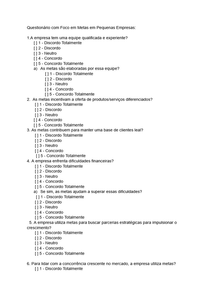 Questionário para Empresa de Pequeno Porte | PDF