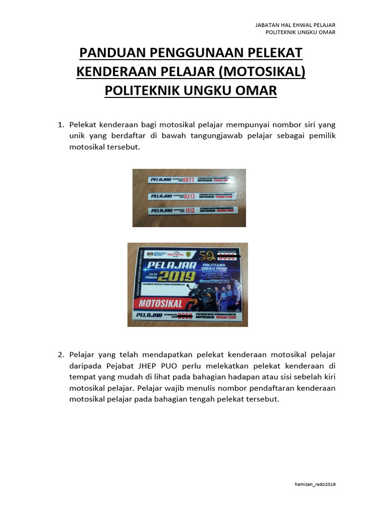Panduan Penggunaan Pelekat Kenderaan Pelajar Bagi Motosikal Politeknik