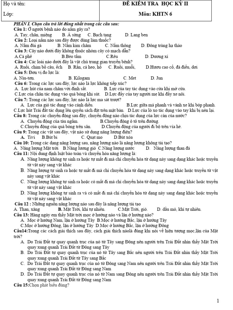 Đề kiểm tra cuối kỳ 2 môn KHTN 6 | PDF