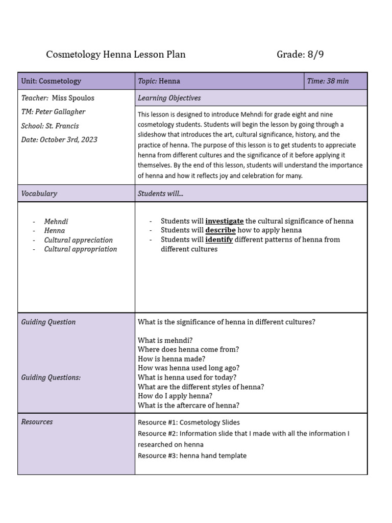 Henna Lesson Plan | PDF | Lesson Plan | Human Communication