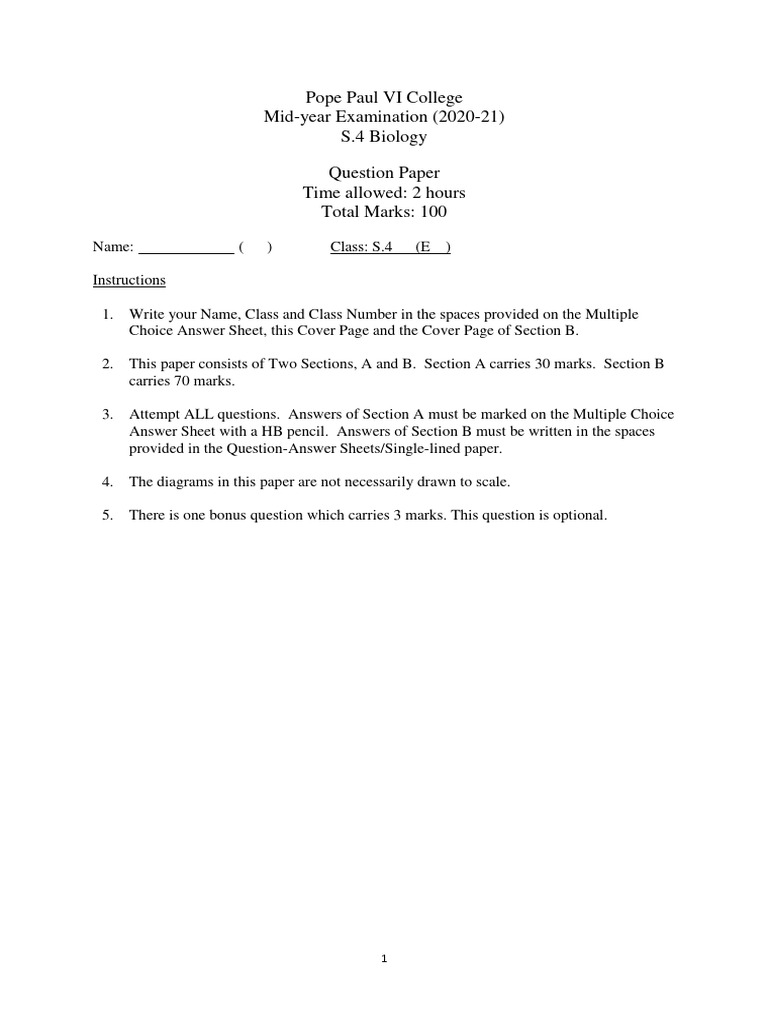 S4 biology section a and section b mid year exam 202021 pdf cell
