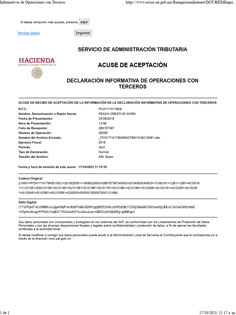 Acuse de Aceptación DIOT 2023 | PDF | Gobierno