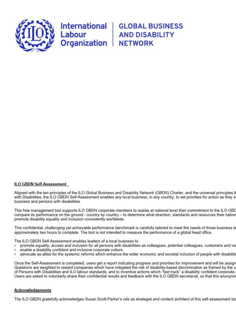 ILO GBDN Self-Assessment Tool | PDF | Recruitment | Disability