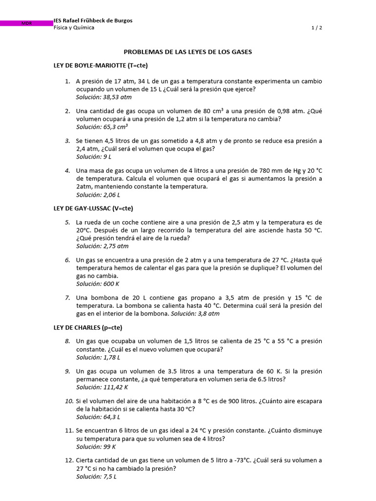 Problemas de Leyes de Gases: Ejercicios Resueltos | PDF | Gases ...
