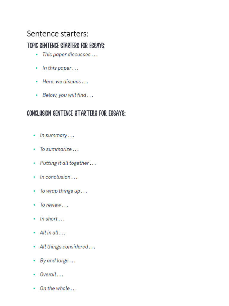 Sentence Starters PDF