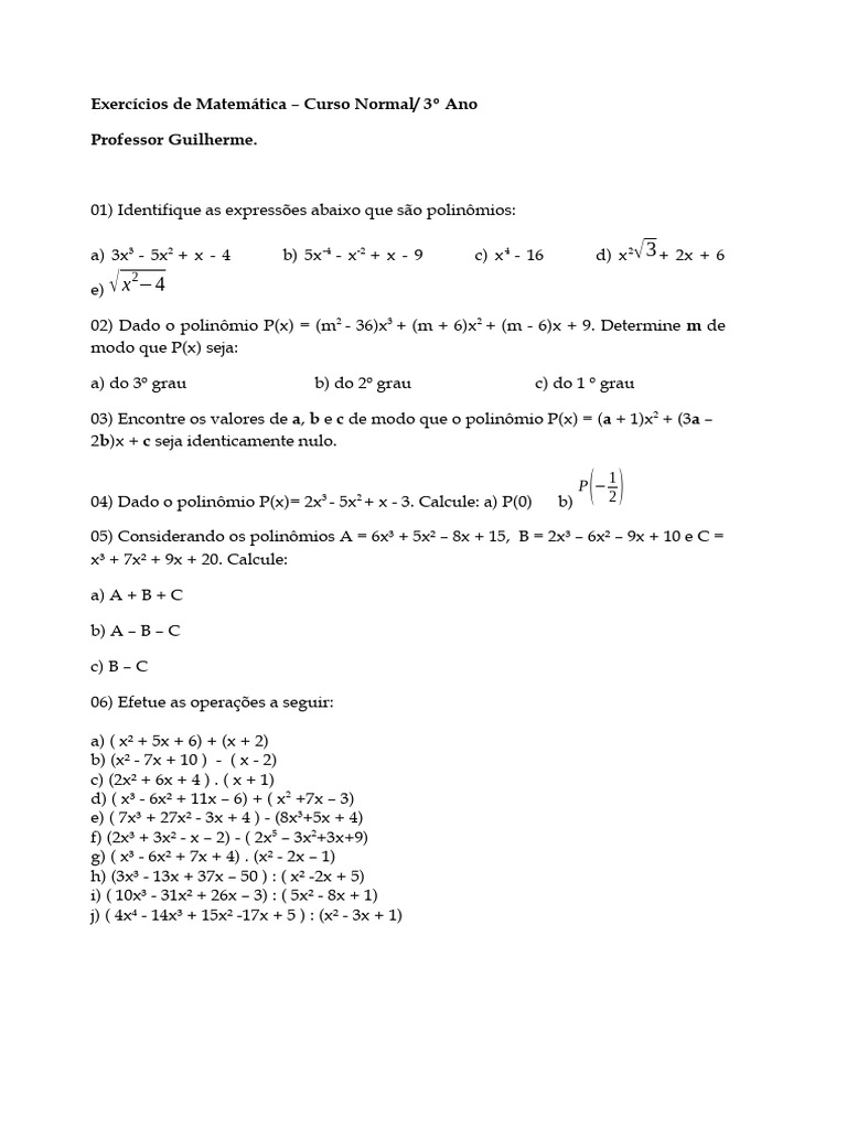 Lista de Exercícios Polinômios | PDF