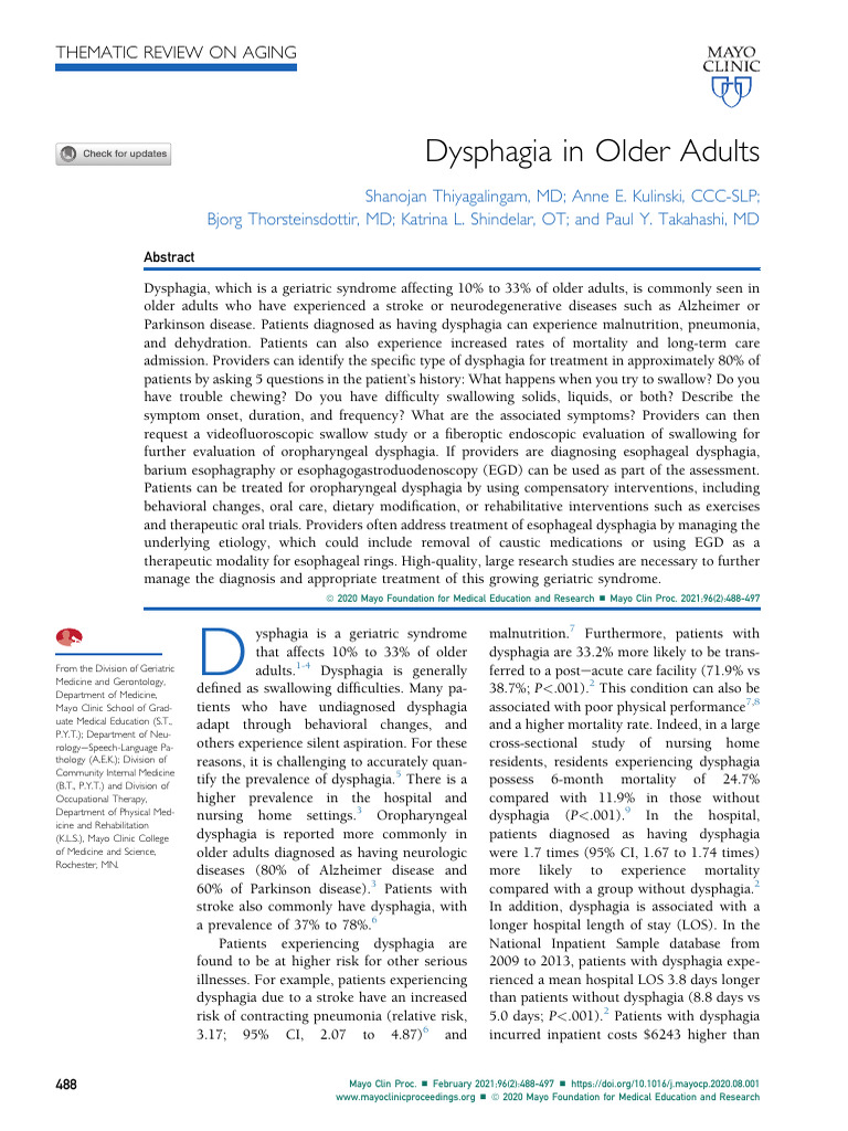 Dysphagia In Older Adults Pdf Geriatrics Causes Of Death