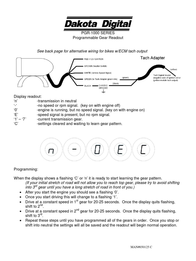 Dakota Digital1000 Series Gear Indicator PDF Motor Vehicle