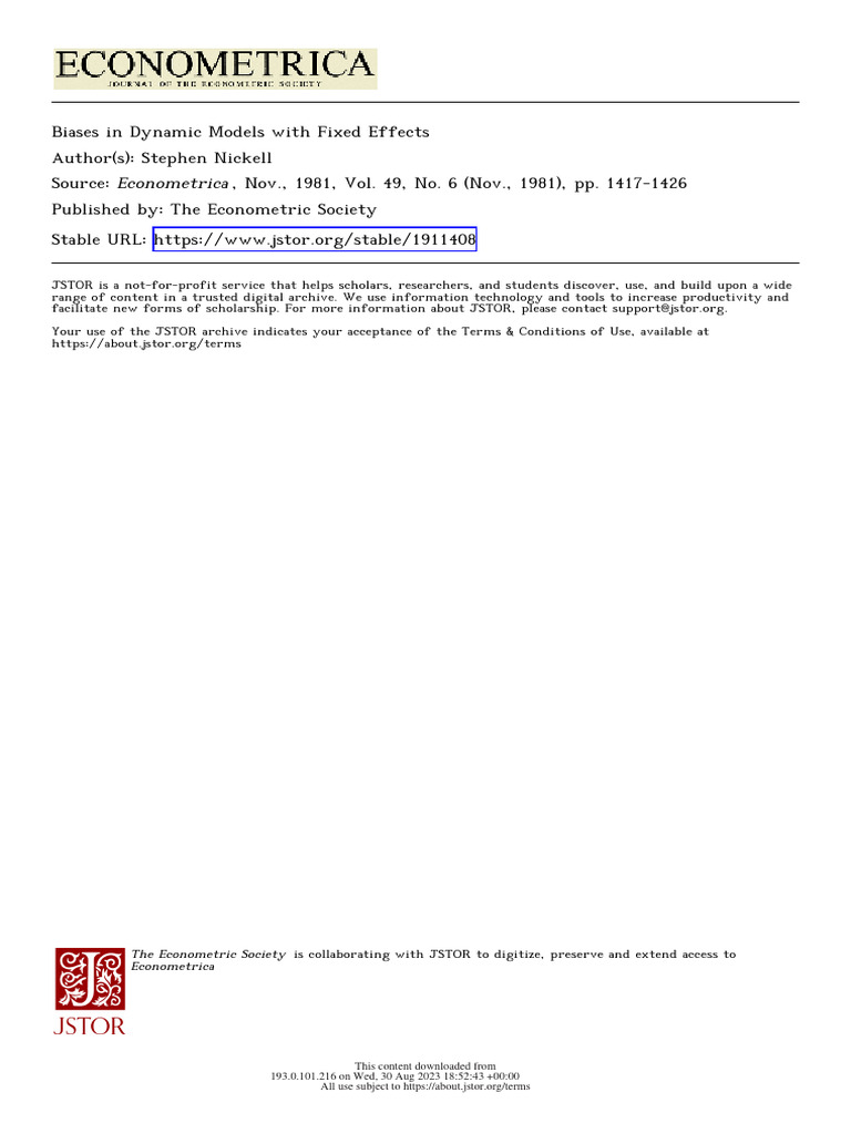 Nickell biases dynamicmodels 1981 pdf fixed effects model