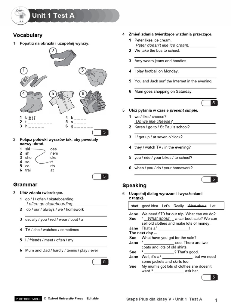 Steps Plus Klasa 5 Unit 1 Test A | PDF | Fashion | Clothing