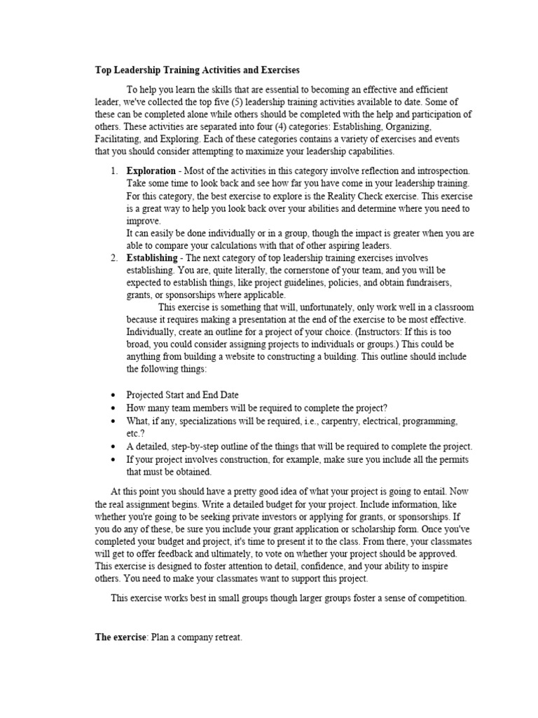 Leadership Training Activities Overview | PDF | Leadership | Team Building