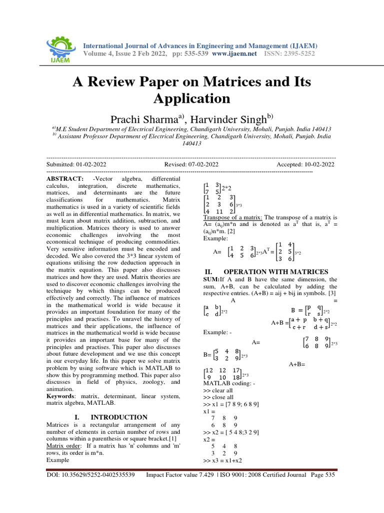 A review paper on matrices and its applications pdf matrix