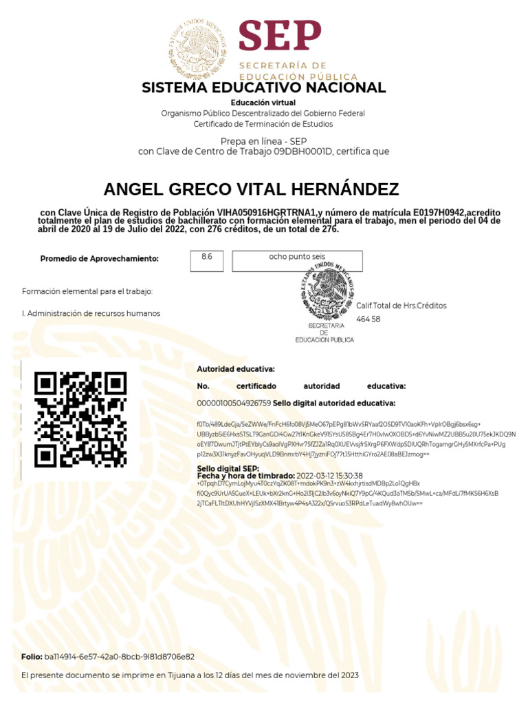 Certificado de Bachillerato SEP 2022 | PDF