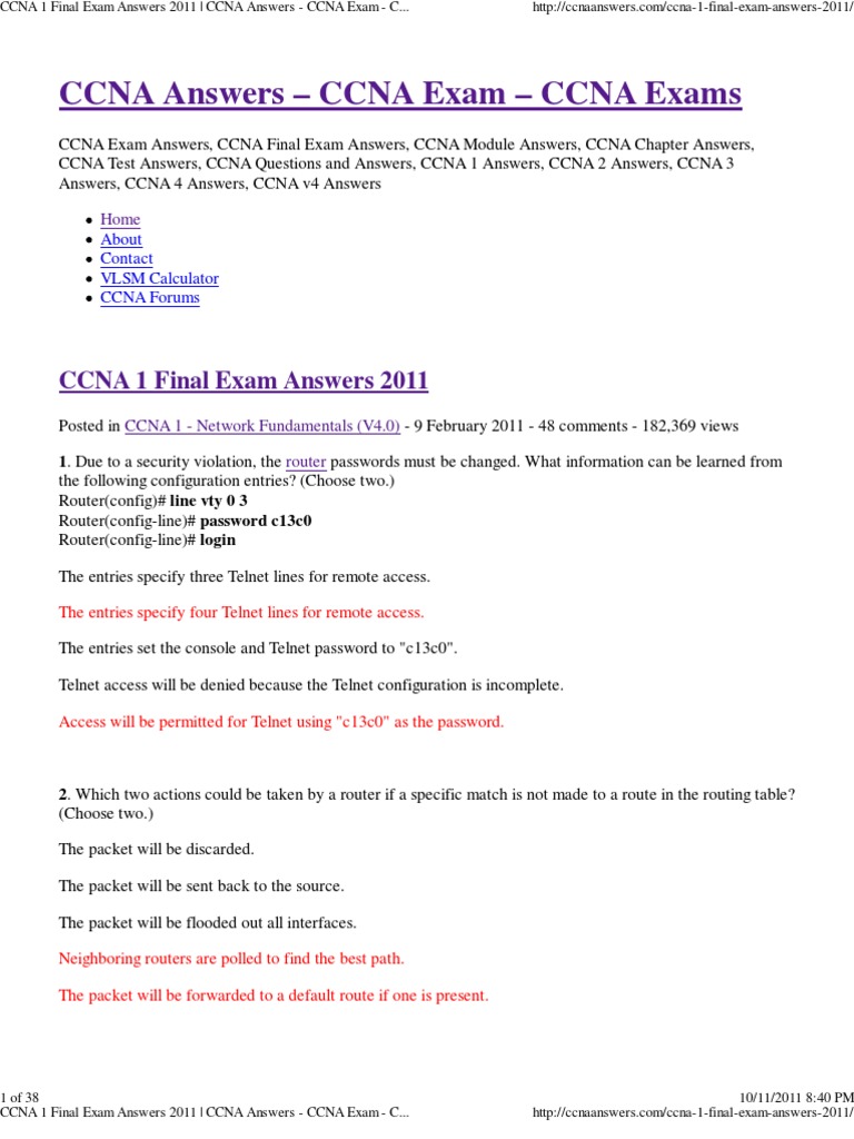 CCNA 1 Final Exam V4 Answers 2011 | Cisco Certifications | Router ...