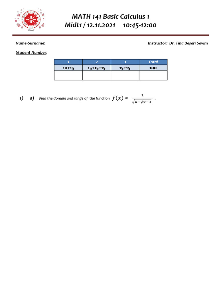 Solution Key of Math 141 Midt 1 2021 (12.11.2021) | PDF | Function ...