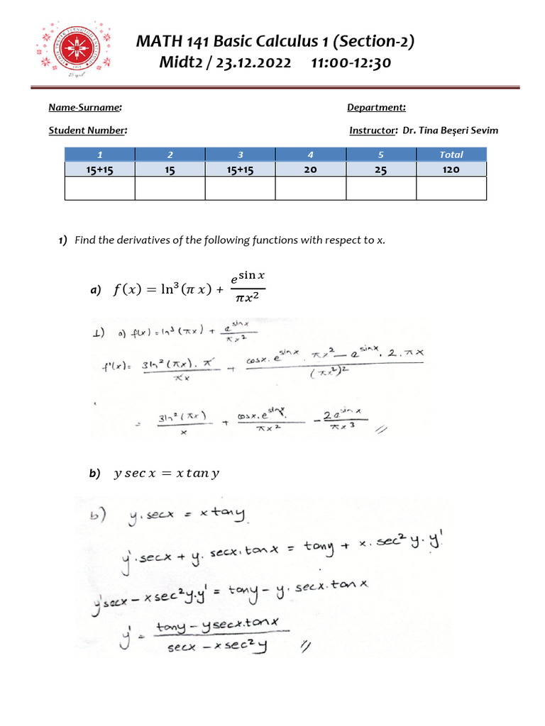 MATH 141 Calculus 1 Midterm Exam Guide | PDF | Calculus | Function ...